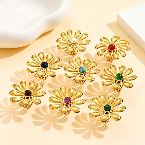 Exaggerated Floral Stainless Steel Adjustable Open Ring For Women Vintage Palace Style Inlaid Gemstone Elegant Finger Jewelry