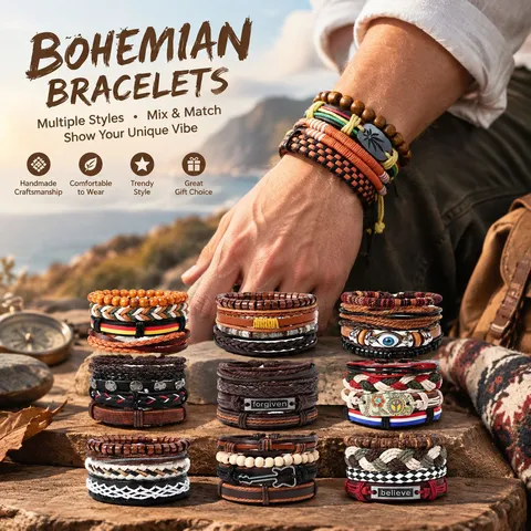 Vintage Braided Leather Bracelet Set For Men Women Bohemian Punk Handmade Weaving Multi Layer Charm Bracelet Jewelry Gift