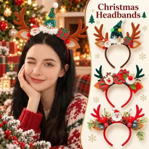 Diadema de Cuernos de Reno de Navidad Papá Noel Hombre de Jengibre Pinzas para el Cabello Niños Adultos Accesorio de Fiesta
