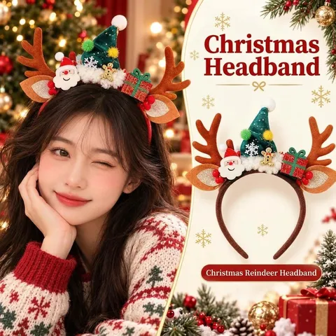 Diadema de Cuernos de Reno de Navidad Papá Noel Hombre de Jengibre Pinzas para el Cabello Niños Adultos Accesorio de Fiesta