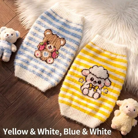 Cute Striped Pet Sweater Cartoon Bear Lamb Knitted Lapel Collar Dog Clothes Autumn Winter Warm Cat Pullover Apparel For Small Medium Dogs