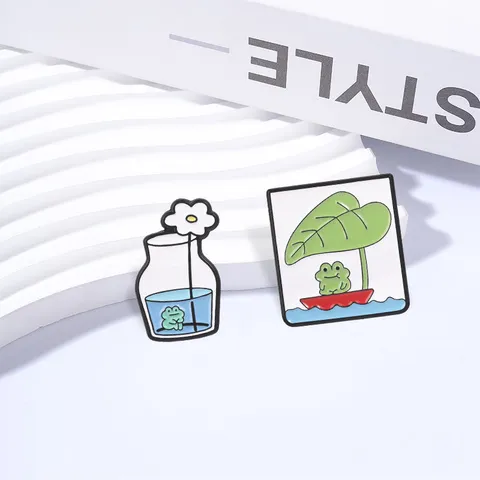 Cartoon Frog Enamel Brooch Cute Lotus Leaf Boat And Vase Daisy Metal Pin Fashion Clothing Backpack Accessories Jewelry