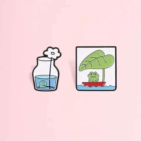 Cartoon Frog Enamel Brooch Cute Lotus Leaf Boat And Vase Daisy Metal Pin Fashion Clothing Backpack Accessories Jewelry