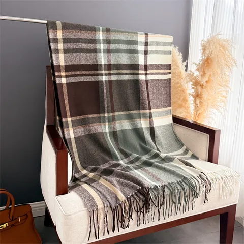 Vintage Plaid Tassel Scarf Warm Winter Cashmere Feel Shawl Soft Lightweight Fashion Long Neck Scarf For Women