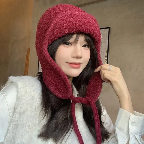 Hiver Chaud Oreillettes Tricot Bonnet Chapeau Pour Femmes Style Coréen Peluche Bomber Trapper Chapeau Temps Froid Ski Doublé Polaire