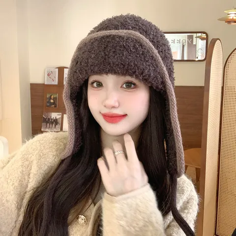 Hiver Chaud Oreillettes Tricot Bonnet Chapeau Pour Femmes Style Coréen Peluche Bomber Trapper Chapeau Temps Froid Ski Doublé Polaire