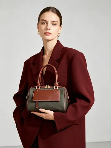 Bolso Almohada Boston de Cuero de Vaca para Mujer Color de Contraste Gran Capacidad Bolso de Mano Bandoulière Urbano Minimalista