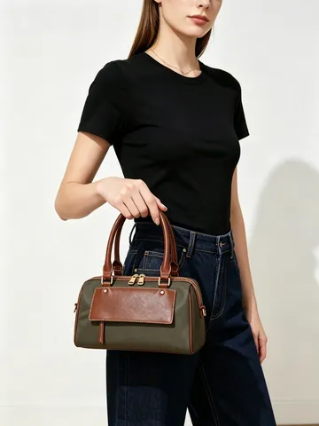 Bolso Almohada Boston de Cuero de Vaca para Mujer Color de Contraste Gran Capacidad Bolso de Mano Bandoulière Urbano Minimalista