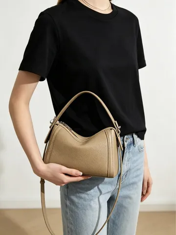 Bolso Boston de Mujer en Cuero de Vaca de Primera Capa Minimalista de Hombro Cruzado en Piel Genuina Casual