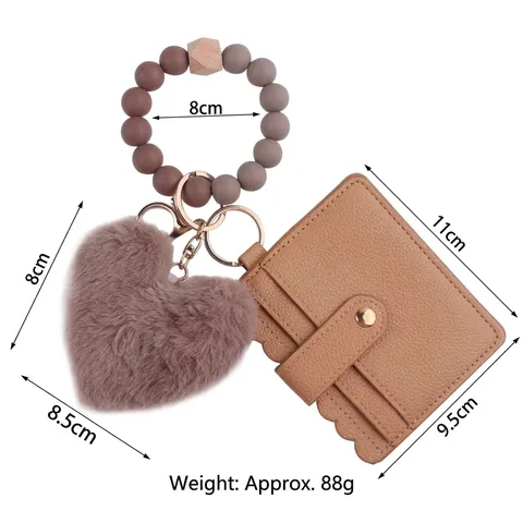 Fashion Commuter Silicone Beaded Bracelet Heart Plush Ball Keychain Scalloped Edge Card Case Wallet Multi Functional Keychain Pendant For Women