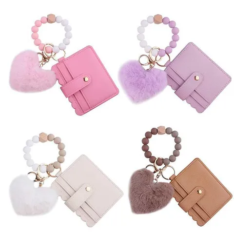 Fashion Commuter Silicone Beaded Bracelet Heart Plush Ball Keychain Scalloped Edge Card Case Wallet Multi Functional Keychain Pendant For Women