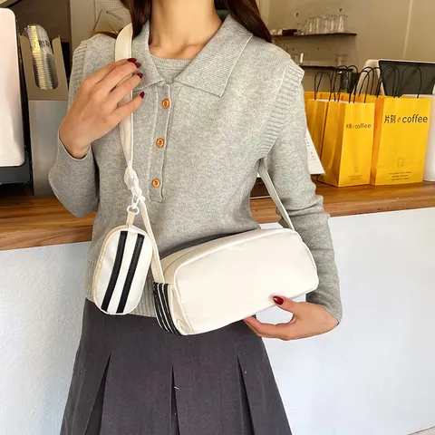 Dames Japans Minimalistisch Cilindrisch Crossbody Tas Met Kleine Pouch Stof Schoudertas Casual Veelzijdig Mode Handtas Dagelijks Gebruik
