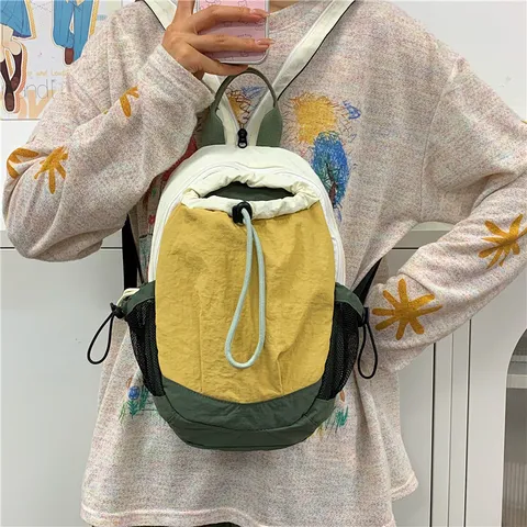 Sac à Dos Multifonctionnel en Nylon Bloc de Couleur Avec Cordon Sac de Sport de Voyage Léger Avec Poches en Filet Pour Adolescents Unisexe