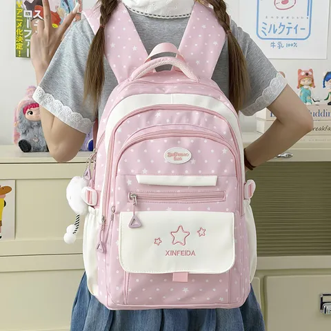 Preppy Polka Dot Star Pattern Girls School Backpack Large Capacity Nylon Color Block Student Bookbag For Teens School Travel Daily Casual