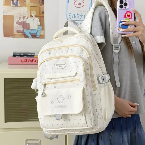 Preppy Polka Dot Star Pattern Girls School Backpack Large Capacity Nylon Color Block Student Bookbag For Teens School Travel Daily Casual