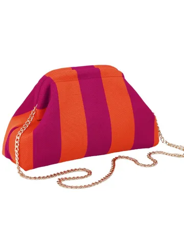 Women Striped Knitted Makeup Bag Large Capacity Travel Cosmetic Pouch With Metal Chain Shoulder Strap Portable Fashion Knitted Clutch Storage Bag