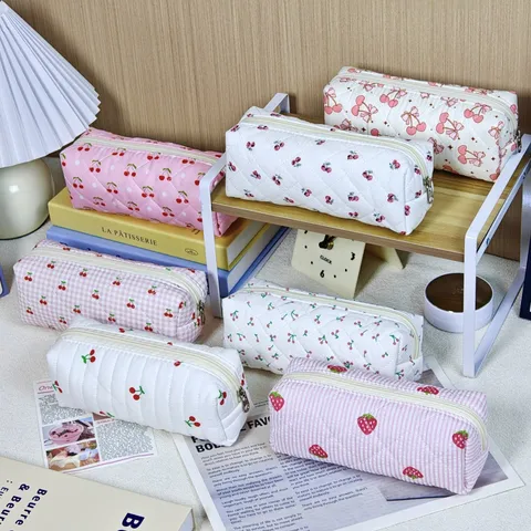 Large Capacity Cosmetic Bag Fabric Bow Print Storage Pouch Minimalist Daily Makeup Organizer Pencil Case