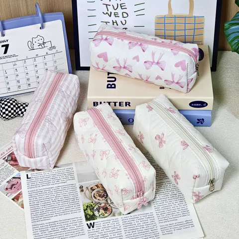 Large Capacity Cosmetic Bag Fabric Bow Print Storage Pouch Minimalist Daily Makeup Organizer Pencil Case