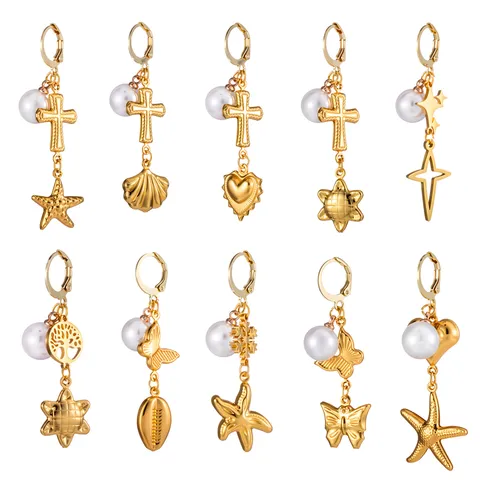 Stainless Steel Starfish Heart Pearl Cross Huggie Hoop Earrings Gold Plated Fashion Jewelry For Women Vacation Daily