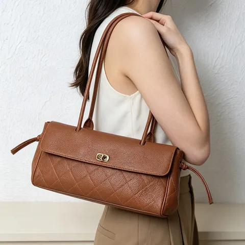 Femmes Véritable Cuir Sac Bandoulière Vintage Matelassé Baguette Sac à Main Cuir de Vachette Sac Aisselle Quotidien
