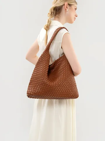 Femmes Grande Capacité Sac Cabas Fait Main Tissé Cuir PU Sac d'Aisselle Épaule Décontracté Vacances Plage Sac à Main