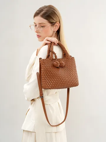 Sac Cabas Tissé en Cuir pour Femmes Sac à Main Décontracté Sac Bandoulière Chic Sac Porté Main Minimaliste