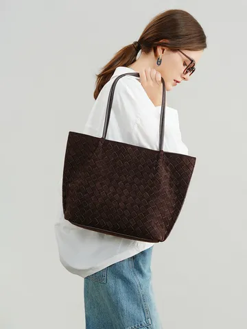 Femmes Grande Capacité Sac Cabas Tissé Cuir Véritable Décontracté Rétro Sac Bandoulière Doux Sac à Main Aisselle