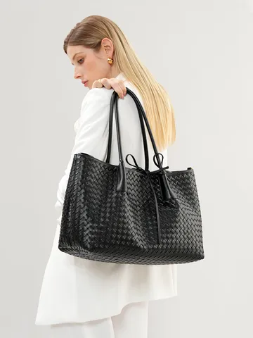 Mujeres Puerco Cuero Auténtico Bolso Tote Tejido Gran Capacidad Bolso de Mano Casual