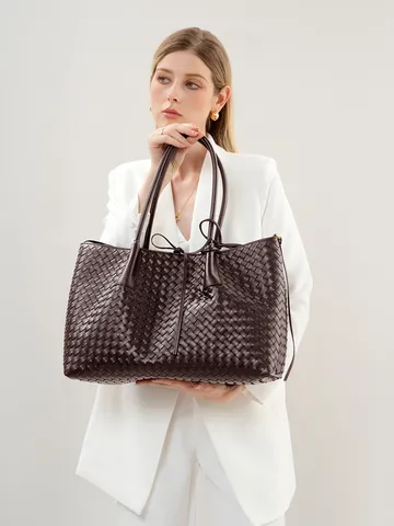 Mujeres Puerco Cuero Auténtico Bolso Tote Tejido Gran Capacidad Bolso de Mano Casual