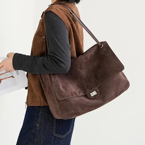 Donna Scamosciato Borsa Tote Grande Capacità Casual Borsa a Tracolla Vintage Patta Serratura Borsa Stile Designer