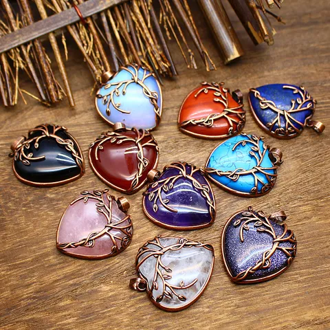 Vintage Natuurlijke Kristal Steen Hart Hanger Retro Tak Gewikkeld Legering Ketting Mode Sieraden Cadeau Voor Vrouwen
