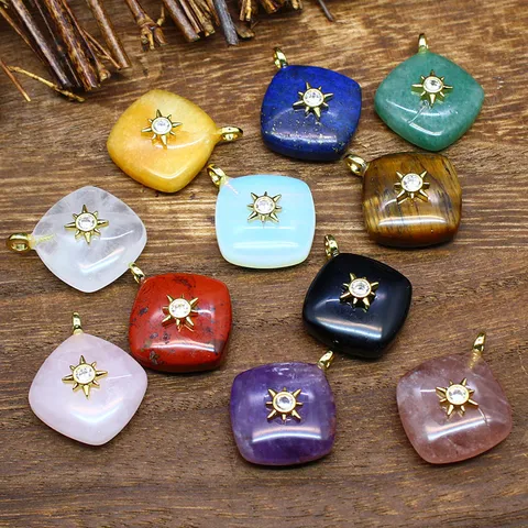 Natural Stone Diamond Shaped Crystal Pendant Geometric Sunburst Rhinestone Necklace Charm Jewelry Gift For Women