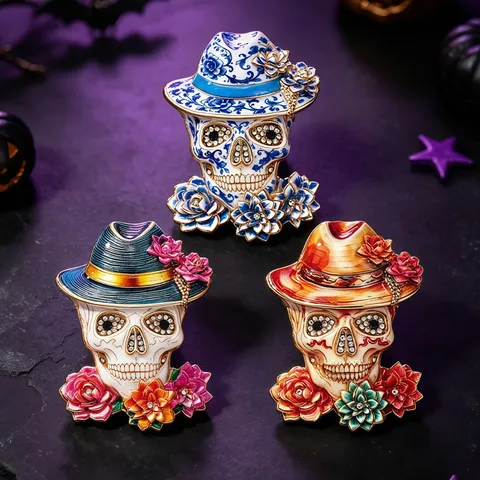 Broche Crâne Jour Des Morts Strass Fleur De Rose Chapeau Haut-de-forme Gothique Mode Bijoux