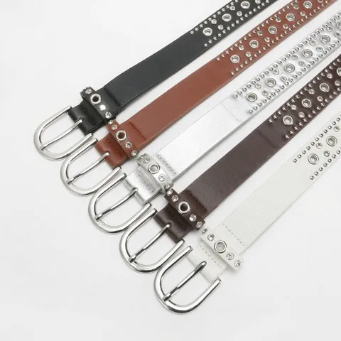 Punk Rock PU Leather Rhinestone Belt For Women Studded Rivet Eyelet Grommet Waist Belt Silver Pin Buckle Jeans Belt Vintage Waistband