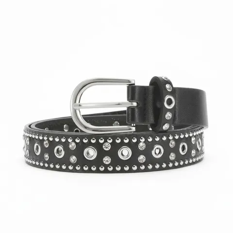 Punk Rock PU Leather Rhinestone Belt For Women Studded Rivet Eyelet Grommet Waist Belt Silver Pin Buckle Jeans Belt Vintage Waistband
