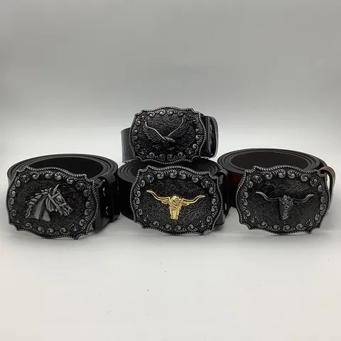 Men Western Cowboy Belt Embossed TPU Faux Leather Strap Vintage Carved Alloy Plate Buckle Casual Fashion Waistband