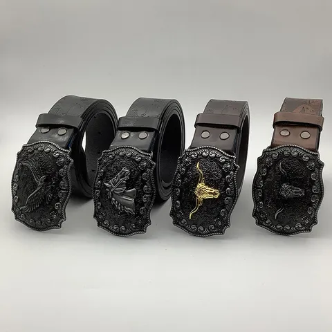 Men Western Cowboy Belt Embossed TPU Faux Leather Strap Vintage Carved Alloy Plate Buckle Casual Fashion Waistband
