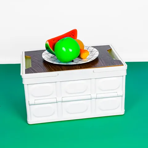 Foldable Plastic Storage Box With Wooden Lid Outdoor Camping Car Trunk Organizer Portable Storage Bin For Home Travel
