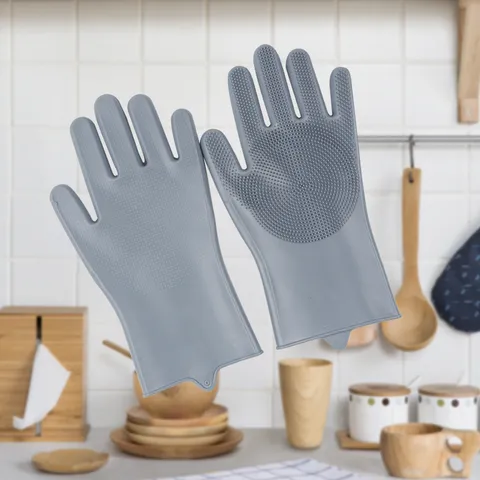 Gants de Vaisselle en Silicone Gants de Nettoyage de Cuisine Poils Double Face Résistants à la Chaleur