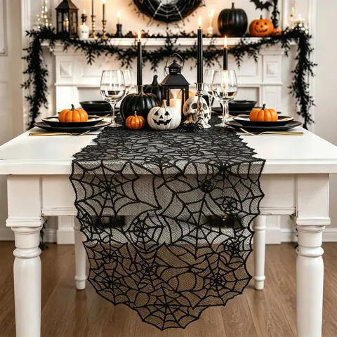 Runner da Tavola in Pizzo con Ragnatela di Halloween Tovaglia Nera Gotica Panno per Festa di Halloween Casa Decorazione da Pranzo