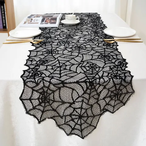 Runner da Tavola in Pizzo con Ragnatela di Halloween Tovaglia Nera Gotica Panno per Festa di Halloween Casa Decorazione da Pranzo