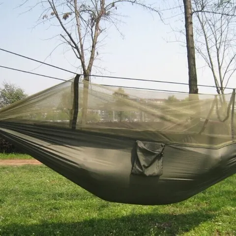 Hamac de Camping Double Simple Portable Extérieur Avec Moustiquaire Tissu Parachute Voyage Léger Lit Suspendu