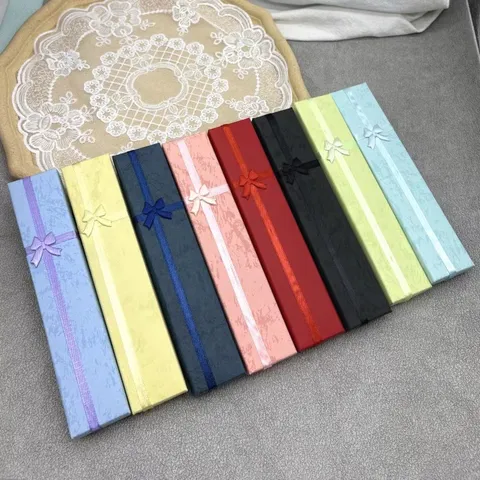 Paper Cardboard Long Jewelry Box Rectangle Gift Case With Ribbon Bowknot For Necklace Bracelet Storage Packaging Display Organizer