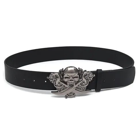 Ceinture Punk en Cuir PU Tête de Mort Épées Croisées Boucle Lisse en Alliage Décontracté Gothique Taille Ceinture pour Jeans Femmes Hommes