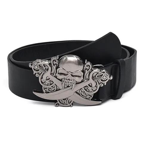 Ceinture Punk en Cuir PU Tête de Mort Épées Croisées Boucle Lisse en Alliage Décontracté Gothique Taille Ceinture pour Jeans Femmes Hommes