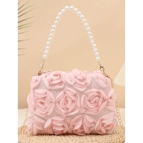 Womens 3D Rose Flower Crossbody Bag Pearl Chain Handbag Evening Clutch Urban Minimalist Polyester Stylish Purse