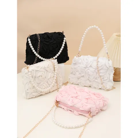 Womens 3D Rose Flower Crossbody Bag Pearl Chain Handbag Evening Clutch Urban Minimalist Polyester Stylish Purse