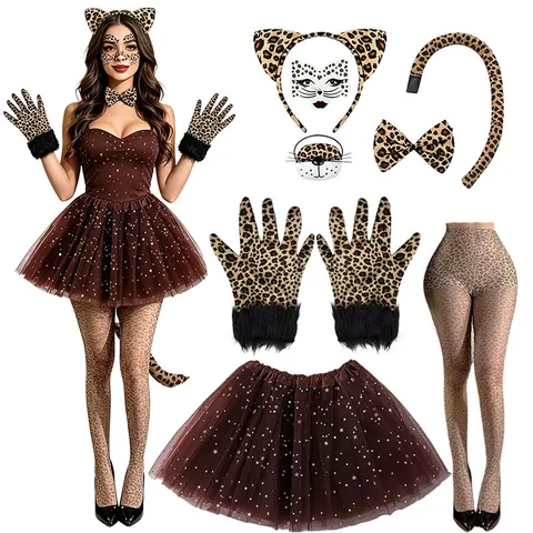 Σετ Στολής Cosplay με Leopard Print Αυτιά Στέκα Ουρά Φούστα Γάντια Κολάν για Πάρτι Halloween