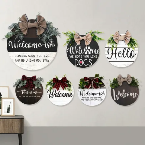 Round Wooden Welcome Hanging Sign With Burlap Bow Artificial Greenery Front Door Decor Festive Home Wall Plaque Decoration