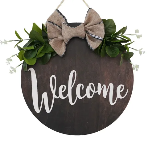 Round Wooden Welcome Hanging Sign With Burlap Bow Artificial Greenery Front Door Decor Festive Home Wall Plaque Decoration
